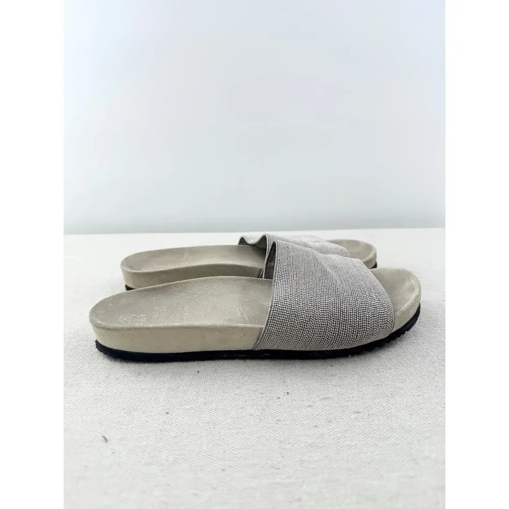 Brunello Cucinelli Anatomical Suede Embellished Slides Sandals Silver Tan EU 40